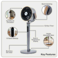 Sealey DH264 Baridi 12 Pedestal Fan with Remote Control, Back Light  12hr Timer - Grey