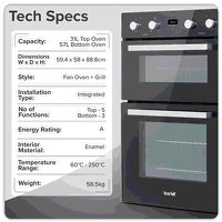 Sealey DH279 Baridi 90cm Built-In Double Oven, 88L Capacity, Energy Rating A - Black