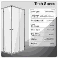 Sealey DH298 Corner Shower Entry Enclosure 800 x 800 x 1850mm with 6mm Tempered Glass - Chrome