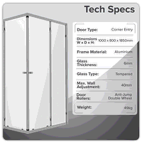 Sealey DH300 Corner Shower Entry Enclosure 1000 x 800 x 1850mm with 6mm Tempered Glass - Chrome