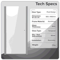 Sealey DH303 Pivot Shower Door 800 x 1850mm, 6mm Tempered Glass, Reversible - Chrome