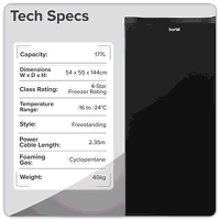 Sealey DH325 Freestanding Tall Freezer 177L Capacity  Black