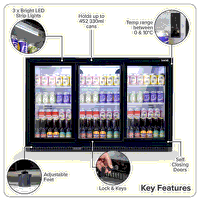 Sealey DH337 Baridi Back Bar Drinks Fridge/Cooler with Triple Sliding Door  Security Lock 307L - Black