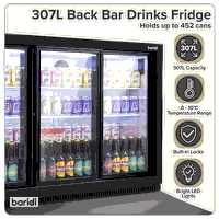 Sealey DH337 Baridi Back Bar Drinks Fridge/Cooler with Triple Sliding Door  Security Lock 307L - Black