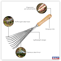 Sealey GTWH001 Premier Leaf Hand Rake with Ash Handle  Stainless Steel Tines