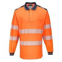 Portwest PW3 Hi-Vis Cotton Comfort Long Sleeved Polo Shirt (Orange/Navy / M / Regular Fit)