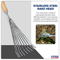 Sealey GTWH001 Premier Leaf Hand Rake with Ash Handle  Stainless Steel Tines